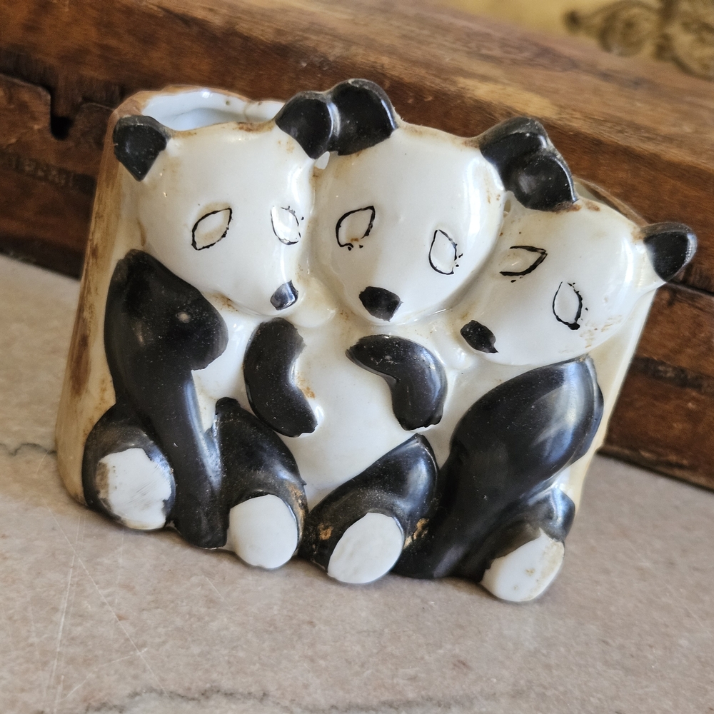 Vintage Midcentury 1950s 1960s Ceramic Panda Trio Figurine - Black & White